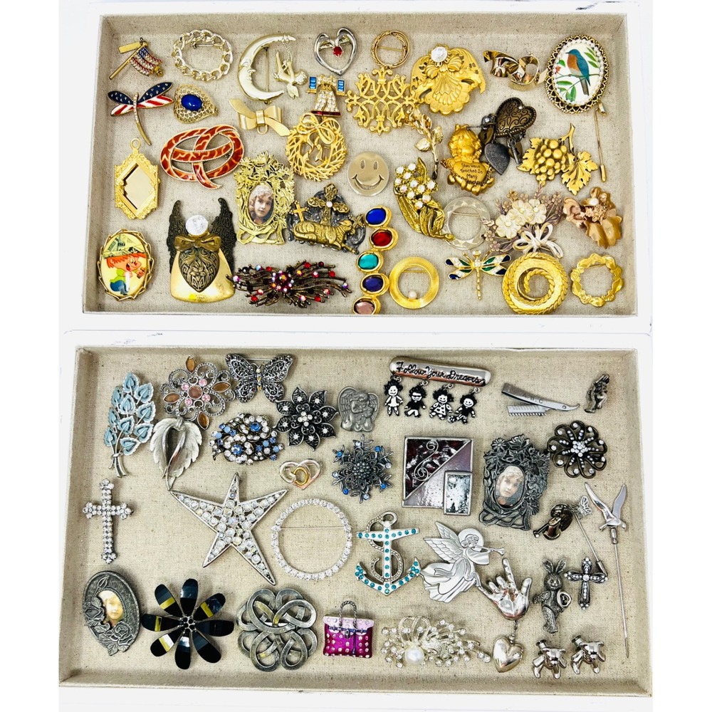 Vintage & Modern Gold & Silver Tone Assorted Rhinestone Floral Brooch Lot of 65
